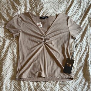 YMI Women's Beige Ribbed Short Sleeve Top